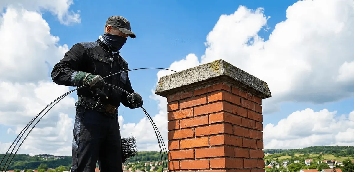 Chimney sweep cleaning a brick chimney with professional tools in Miami, FL